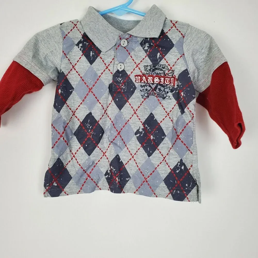 Baby Togs 6M Varsity Argyle Long Sleeve Toddler Boy Shirt Gray GUC